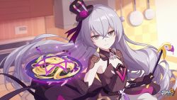 Rule 34 | 1girl, asymmetrical gloves, black dress, black gloves, black headwear, breasts, bronya zaychik, closed mouth, dress, food, gloves, grey eyes, grey hair, hair between eyes, highres, holding, holding ladle, holding plate, honkai (series), honkai impact 3rd, kitchen, ladle, looking at viewer, microwave, mismatched gloves, omelet, plate, sleeveless, sleeveless dress, small breasts, smile, solo