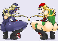 Rule 34 | 2girls, ass, back cutout, beret, blonde hair, boots, braid, cammy white, capcom, clothing cutout, combat boots, decapre, elbow gloves, eye contact, fingerless gloves, from behind, garrison cap, gloves, hat, highres, leotard, long hair, look-alike, looking at another, mask, multiple girls, pantyhose, ribbed leotard, samidare satsuki, scar, shoulder pads, squatting, street fighter, street fighter iv (series), thong leotard, twin braids