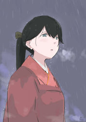 Rule 34 | 1girl, black hair, blue eyes, bow, cloud, cloudy sky, commentary request, dark clouds, from side, green bow, hair between eyes, hair bow, houshou (kancolle), japanese clothes, kantai collection, kimono, long hair, looking away, looking to the side, michiyuki, mihama machi, parted lips, rain, red kimono, signature, sky, solo, upper body, water drop, wet, wet clothes, wet hair