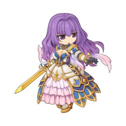 Rule 34 | 1girl, armor, armored boots, armored dress, boots, breasts, chibi, cleavage, faulds, full body, gauntlets, hair between eyes, hair intakes, holding, holding sword, holding weapon, large breasts, medium bangs, official alternate costume, official art, open mouth, pink skirt, purple eyes, purple hair, ragnarok online, royal guard (ragnarok online), simple background, skirt, solo, standing, sword, tachi-e, transparent background, walking, wavy hair, weapon, yuichirou