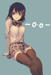 Rule 34 | 10s, 1girl, black hair, breasts, cyan (show by rock!!), glasses, natsuhiko, school uniform, short hair, show by rock!!, sitting, sleeves rolled up, thighhighs, zettai ryouiki