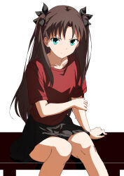 Rule 34 | 1girl, aqua eyes, bench, black bow, black skirt, bow, brown hair, casual, collarbone, fate/stay night, fate (series), hair bow, highres, holding own arm, kishishi (kishiman-ya), light frown, long hair, looking at viewer, miniskirt, pleated skirt, red shirt, shirt, simple background, sitting, skirt, solo, t-shirt, tohsaka rin, two side up, v-shaped eyebrows, white background