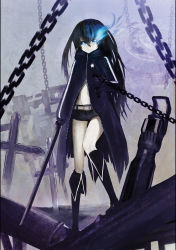 Rule 34 | 1girl, absurdres, asymmetrical hair, belt, black air, black coat, black footwear, black gloves, black rock shooter, black rock shooter (character), black shorts, blue eyes, boots, chain, coat, flaming eye, full body, gloves, grave, hair between eyes, highres, holding, holding sword, holding weapon, knee boots, long hair, looking at viewer, mek, midriff, navel, partially unzipped, scar, short shorts, shorts, solo, standing, star (symbol), star print, stomach, sword, very long hair, weapon