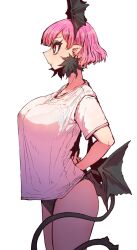 Rule 34 | 1girl, arms behind back, bat wings, black panties, black tail, black wings, bra visible through clothes, breasts, earrings, from side, highres, jewelry, large breasts, no pants, panties, pink eyes, pink hair, pointy ears, pointy nose, raspberry (yakunitatsu node chi o kudasai), shirt, short hair, simple background, t-shirt, tail, underwear, vampire, white background, white shirt, wings, yakunitatsu node chi o kudasai, zyugoya