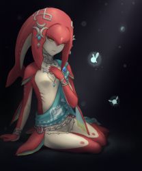 Rule 34 | 1girl, absurdres, anklet, arm support, bare shoulders, barefoot, bracelet, breasts, bug, butterfly, closed mouth, colored skin, commentary request, fairy, fins, fish girl, full body, gem, hair ornament, hand on own chest, hand up, highres, insect, jewelry, long hair, looking at viewer, marimo (marimo2468), mipha, monster girl, multicolored skin, necklace, nintendo, no eyebrows, pointy ears, red hair, red skin, sitting, small breasts, smile, solo, tears, the legend of zelda, the legend of zelda: breath of the wild, yellow eyes, yokozuwari, zora