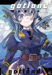 Rule 34 | 1girl, aircraft, airplane, aoi pengin, belt, black necktie, blue hair, blue sky, character name, cloud, collared shirt, commentary request, gloves, gotland (kancolle), gotland andra (kancolle), hair bun, half gloves, highres, horizon, kantai collection, long hair, looking at viewer, military, military uniform, mole, mole under eye, necktie, ocean, one-hour drawing challenge, shirt, single hair bun, sky, solo, uniform
