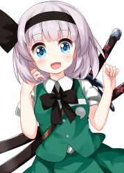 Rule 34 | 1girl, black bow, black bowtie, black hairband, blue eyes, bow, bowtie, buttons, collared shirt, floral print, green skirt, green vest, hairband, highres, konpaku youmu, looking at viewer, multiple swords, open mouth, ruu (tksymkw), sheath, sheathed, shirt, short hair, short sleeves, silver hair, simple background, skirt, smile, solo, standing, sword, sword behind back, touhou, vest, weapon, white background, white shirt