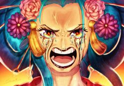 Rule 34 | 1girl, angry, crying, crying with eyes open, flower, green hair, hair flower, hair ornament, hair stick, highres, japanese clothes, kouzuki hiyori, lipstick, long hair, looking at viewer, makeup, maria (yoru chii), oiran, one piece, open mouth, runny makeup, signature, solo, tears, teeth