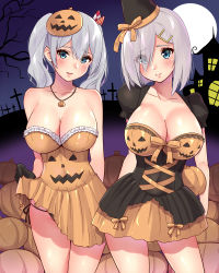 Rule 34 | 2girls, absurdres, alternate costume, bare shoulders, black gloves, black panties, blue eyes, breasts, building, city, clothes lift, collarbone, commentary request, contrapposto, covered navel, cowboy shot, detached sleeves, dress, eyes visible through hair, gloves, graveyard, hair ornament, hair over one eye, hair ribbon, hairclip, hamakaze (kancolle), hat, highres, jack-o&#039;-lantern, kantai collection, kashima (kancolle), large breasts, lifting own clothes, long hair, looking at viewer, multiple girls, off-shoulder dress, off shoulder, outdoors, panties, puffy short sleeves, puffy sleeves, pumpkin, pumpkin print, ribbon, sarfata, shiny skin, short hair, short sleeves, side-tie panties, sidelocks, silver hair, skirt, skirt lift, standing, thighs, twintails, underwear, wavy hair, witch hat