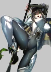 Rule 34 | 1girl, arm guards, black hair, blurry, bodysuit, breasts, bun cover, cape, chinese clothes, cloud print, covered erect nipples, covered navel, crotch, depth of field, double bun, fate/grand order, fate (series), fighting stance, fingerless gloves, gloves, green eyes, grey background, hair bun, highres, holding, holding weapon, leg up, medium breasts, open mouth, polearm, qin liangyu (fate), rahato, sidelocks, skin tight, solo, spear, standing, standing on one leg, teeth, upper teeth only, weapon, white cape