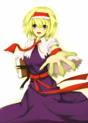 Rule 34 | 1girl, alice margatroid, ascot, blonde hair, blush, book, capelet, dress, grimoire, hairband, holding, holding book, open mouth, orein, orien, purple dress, purple eyes, sash, short hair, simple background, smile, solo, touhou, white background
