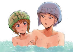 Rule 34 | 2girls, bath, blue eyes, breasts, bubble, bubble bath, collarbone, convenient censoring, elpeo puru, flat chest, gacha-m, gundam, gundam zz, implied yuri, large breasts, multiple girls, nude, open mouth, orange hair, purple hair, reaching, reaching towards viewer, red eyes, roux louka, size difference, tongue, tongue out, torso only, towel, towel on head