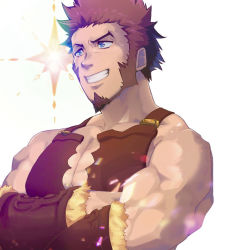 Rule 34 | 1boy, alternate costume, armor, bara, bare shoulders, blue eyes, borrowed clothes, bracer, breastplate, brown armor, brown hair, cleavage cutout, clothing cutout, cosplay, cross scar, crossed arms, facial hair, fate/grand order, fate (series), fur trim, gatta (gatta reve cat), goatee, grin, iskandar (fate), iskandar (fate) (cosplay), large pectorals, leather, long sideburns, looking to the side, male focus, mature male, multiple boys, muscular, muscular male, napoleon bonaparte (fate), pectoral cleavage, pectorals, scar, scar on chest, short hair, sideburns, sleeveless, smile, solo, sparkle, upper body