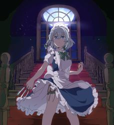 Rule 34 | 1girl, apron, blue eyes, bow, bowtie, braid, closed mouth, green bow, green bowtie, grey hair, hair between eyes, hair bow, highres, holding, holding knife, indoors, izayoi sakuya, knife, looking at viewer, maid, maid headdress, pocket watch, sasaki sakiko, side braids, solo, stairs, standing, touhou, twin braids, watch, white apron