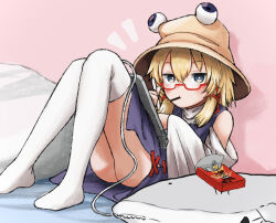 Rule 34 | 1girl, ass, bare shoulders, bespectacled, blonde hair, brown hat, cable, cushion, detached sleeves, food, food in mouth, glasses, hair between eyes, hair ribbon, hat, highres, holding, holding drawing tablet, holding pen, long sleeves, looking at viewer, moriya suwako, mouth hold, neritch, no shoes, notice lines, pen, pocky, pocky in mouth, purple vest, red-framed eyewear, red ribbon, ribbon, semi-rimless eyewear, short hair, sidelocks, sitting, solo, thighhighs, thighs, touhou, turtleneck, under-rim eyewear, vest, white thighhighs, wide sleeves