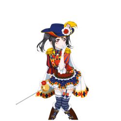 Rule 34 | 10s, 1girl, black hair, cape, cavalier hat, garter straps, gloves, hat, looking at viewer, love live!, love live! school idol festival, love live! school idol project, non-web source, official art, rapier, red eyes, smile, solo, striped clothes, striped thighhighs, sword, thigh strap, thighhighs, transparent background, twintails, weapon, white gloves, yazawa nico