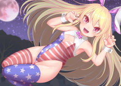 Rule 34 | 1girl, :d, alternate costume, american flag dress, american flag legwear, animal ears, arms up, bare shoulders, blonde hair, blush, breasts, claw pose, clownpiece, collarbone, commentary request, fake animal ears, fingernails, full moon, halloween, harunoha, highres, leotard, long hair, looking at viewer, moon, multicolored clothes, night, no nose, open mouth, playboy bunny, red eyes, sidelocks, sky, small breasts, smile, solo, star (sky), star (symbol), star print, starry sky, striped clothes, striped legwear, striped thighhighs, thighhighs, thighs, touhou, wrist cuffs