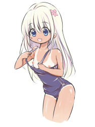 Rule 34 | 1girl, :d, bare arms, bare legs, bare shoulders, blue eyes, blue one-piece swimsuit, blush stickers, breasts, clothes pull, commentary request, cowboy shot, cropped legs, double vertical stripe, eyes visible through hair, flower, hair between eyes, hair flower, hair ornament, kantai collection, leaning forward, legs together, light brown hair, long hair, looking down, nipples, one-piece swimsuit, one-piece swimsuit pull, one-piece tan, open mouth, pink flower, pulling own clothes, raised eyebrows, ro-500 (kancolle), school swimsuit, simple background, small breasts, smile, solo, standing, swimsuit, tan, tanline, tareme, white background, yoshi@highland