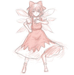 Rule 34 | 1girl, bow, cirno, dress, hair bow, hand on own chest, hand on own hip, hand over heart, highres, ice, ice wings, kuro suto sukii, looking at viewer, puffy short sleeves, puffy sleeves, shirt, short sleeves, simple background, sketch, smile, socks, solo, standing, touhou, white background, wings
