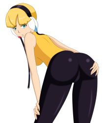 Rule 34 | 10s, 1girl, ass, bare shoulders, blonde hair, blue eyes, breasts, creatures (company), elesa (pokemon), from behind, game freak, gym leader, hand on ass, headphones, large breasts, leaning, leaning forward, looking at viewer, nintendo, pantyhose, parted lips, pokemon, pokemon bw, short hair, sideboob, solo, transparent background