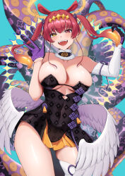 Rule 34 | 1girl, absurdres, bare shoulders, black collar, black dress, blush, breasts, cleavage, collar, cosplay, covered navel, detached sleeves, dress, feathered wings, fur-trimmed collar, fur trim, gloves, hair between eyes, hair ornament, halo, heterochromia, highres, hololive, hololive english, houshou marine, large breasts, long hair, looking at viewer, low wings, navel, ninomae ina&#039;nis, ninomae ina&#039;nis (1st costume), ninomae ina&#039;nis (cosplay), open mouth, purple gloves, red eyes, red hair, sidelocks, simple background, single detached sleeve, single thighhigh, smile, solo, strapless, strapless dress, suzukichi (user pwmc7427), tentacle hair, tentacles, thighhighs, thighs, tube dress, twintails, virtual youtuber, white thighhighs, wings, yellow eyes, yellow halo
