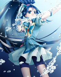 Rule 34 | 00s, 1girl, bike shorts, bike shorts under skirt, blue background, blue eyes, blue hair, blue shorts, blue theme, bow (weapon), brooch, bug, butterfly, butterfly hair ornament, cure aqua, earrings, flower, gloves, hair ornament, insect, jewelry, long hair, magical girl, matching hair/eyes, minazuki karen, pink flower, pink rose, ponytail, precure, rose, serious, shorts, shorts under skirt, skirt, solo, tomiwo, water, weapon, wide ponytail, yes! precure 5
