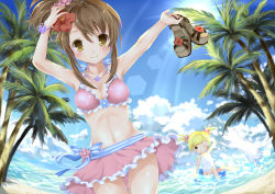Rule 34 | 2girls, arms up, asymmetrical hair, bad id, bad pixiv id, bikini, bikini skirt, blonde hair, blush, bracelet, breasts, brown hair, cleavage, cloud, day, dog, flower, frilled bikini, frills, hair bobbles, hair flower, hair ornament, hibiscus, jewelry, lens flare, multiple girls, navel, necklace, ocean, one-piece swimsuit, one eye closed, original, palm tree, platform footwear, ponytail, sandals, school swimsuit, side ponytail, skirt, sky, small breasts, smile, sun, swimsuit, thigh gap, thighs, tree, twintails, wataame27, wink, yellow eyes