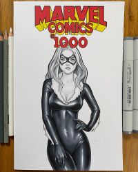 Rule 34 | 1girl, art tools in frame, biting own lip, black cat (marvel), bodysuit, commentary, commission, contrapposto, cowboy shot, domino mask, english commentary, fur trim, greyscale, hand on own hip, highres, long hair, marker (medium), marvel, mask, monochrome, photo (medium), shiny clothes, signature, solo, spider-man (series), superhero costume, traditional media, will jack