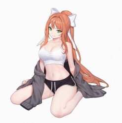Rule 34 | 1girl, barefoot, bow, breasts, brown hair, camisole, closed mouth, commentary, commission, doki doki literature club, dolphin shorts, english commentary, green eyes, grey jacket, hair bow, highres, jacket, large breasts, long hair, looking at viewer, midriff, monika (doki doki literature club), navel, off shoulder, ponytail, shirt, shorts, simple background, sitting, siun, smile, solo, very long hair, wariza, white background, white bow