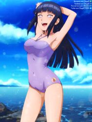 Rule 34 | 1girl, armpits, arms behind head, arms up, bare arms, black hair, blue sky, breasts, casual one-piece swimsuit, cloud, covered navel, cowboy shot, day, deviantart logo, deviantart username, facebook logo, facebook username, floating hair, halterneck, highres, hime cut, hyuuga hinata, lens flare, long hair, medium breasts, naruto (series), naruto shippuuden, ocean, one-piece swimsuit, outdoors, pixiv logo, pixiv username, purple one-piece swimsuit, shugo19, sky, solo, standing, straight hair, swimsuit, twitter logo, twitter username, watermark