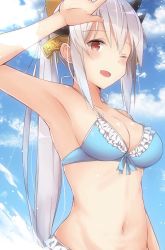 Rule 34 | 1girl, arm up, armpits, bad id, bad pixiv id, bare arms, bare shoulders, bikini, blue bikini, blue sky, blush, breasts, cleavage, cloud, cloudy sky, commentary request, day, fate/grand order, fate (series), frilled bikini, frills, hair between eyes, hair ornament, halterneck, highres, horns, kiyohime (fate), kiyohime (swimsuit lancer) (third ascension) (fate), long hair, looking at viewer, medium breasts, navel, open mouth, outdoors, ponytail, red eyes, sidelocks, silver hair, sky, solo, swimsuit, very long hair, yuzuzukushi