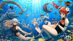 Rule 34 | 4girls, 5boys, air bubble, armlet, artist request, barefoot, bikini, blonde hair, blue male swimwear, blue swim trunks, brown hair, bubble, character request, coral, damselfish, diving, dungeon and fighter, fish, flippers, flower, freediving, hair flower, hair ornament, highres, holding breath, jewelry, long hair, male swimwear, manta ray, multiple boys, multiple girls, necklace, seafloor, one-piece swimsuit, pointy ears, puffer fish, red hair, school of fish, selfie, shark, short hair, smile, spiked hair, stingray, swim trunks, swimming, swimsuit, tan86, tropical fish, underwater, v, waving, white hair