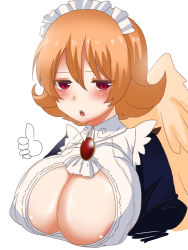 Rule 34 | 1girl, areola slip, blush, breasts, covered erect nipples, feathered wings, flipped hair, hair between eyes, half-closed eyes, harpy, ishuzoku reviewers, large breasts, long sleeves, looking at viewer, maid headdress, mako (artist), mako (britain0906), meidri, monster girl, no bra, open clothes, open mouth, open shirt, orange hair, puffy short sleeves, puffy sleeves, red eyes, short hair, short sleeves, solo, upper body, waitress, wings