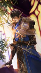 Rule 34 | 1boy, armor, aymeric de borel, black gloves, black hair, blue cloak, blue eyes, cloak, commentary request, earclip, earrings, elbow gloves, elezen, elf, final fantasy, final fantasy xiv, fingerless gloves, flower, gloves, hand on hilt, hand up, highres, jewelry, jya, korean commentary, leaf, looking to the side, male focus, pauldrons, plant, pointy ears, short hair, shoulder armor, solo, standing, sword, temple knight (ff14), vase, weapon