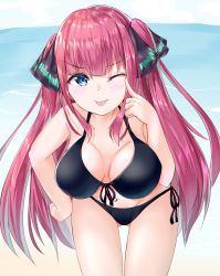 Rule 34 | absurdres, akanbe, bikini, black bikini, black ribbon, blue eyes, blunt bangs, blush, breasts, butterfly hair ornament, eyelid pull, front-tie top, gluteal fold, go-toubun no hanayome, hair ornament, hand on own hip, highres, hime cut, large breasts, leaning forward, long hair, looking at viewer, micosiva, nakano nino, ocean, one eye closed, pink hair, ribbon, side-tie bikini bottom, solo, swimsuit, thick thighs, thighs, tongue, tongue out, twintails, v-shaped eyebrows