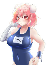 Rule 34 | 1girl, alternate costume, asa (goodikanosushi), bad id, bad pixiv id, bandaged arm, bandages, blue one-piece swimsuit, breasts, bun cover, collarbone, covered erect nipples, covered navel, cuffs, double bun, hair between eyes, hair bun, hand on own hip, hand to own mouth, highres, ibaraki kasen, large breasts, looking at viewer, one-piece swimsuit, pink eyes, pink hair, school swimsuit, shackles, short hair, smile, solo, swimsuit, touhou