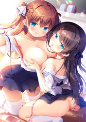 Rule 34 | 2girls, age difference, ass, asymmetrical docking, blue eyes, blue ribbon, blue skirt, blush, board eraser, bra, bra pull, grabbing another&#039;s breast, breast press, breasts, brown hair, cellphone, clothes pull, collarbone, commentary, day, grabbing, hair between eyes, hair ornament, hair ribbon, hairclip, highres, incest, indoors, large breasts, long hair, looking at viewer, multiple girls, onee-loli, open clothes, open mouth, open shirt, original, panties, panties around leg, panty pull, phone, pink panties, ribbon, sasai saji, short sleeves, siblings, sisters, sitting, skirt, small breasts, smartphone, smile, thighhighs, twintails, underwear, white legwear, x hair ornament, yuri