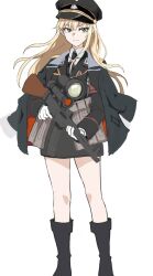 Rule 34 | 1girl, ammunition pouch, armband, assault rifle, black footwear, black hat, black jacket, black necktie, black skirt, blonde hair, boots, closed mouth, coat, collared shirt, cross, girls&#039; frontline, gloves, green eyes, gun, hair between eyes, hat, highres, holding, holding gun, holding weapon, iron cross, jacket, jacket on shoulders, long hair, long sleeves, military jacket, multicolored coat, name connection, necktie, object namesake, peaked cap, pouch, red armband, rifle, scope, shirt, simple background, skirt, solo, stg44, stg44 (girls&#039; frontline), v-shaped eyebrows, very long hair, wani (perfect han), weapon, weapon request, white background, white gloves, white shirt, zg 1229 vampir