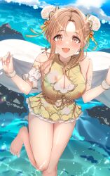 Rule 34 | 1girl, absurdres, arm garter, bare legs, barefoot, blush, breasts, casual one-piece swimsuit, cleavage, double bun, fingernails, hair bun, highres, holding, holding towel, ichikawa hinana, idolmaster, idolmaster shiny colors, kunimine yuzuki, large breasts, light brown hair, looking at viewer, nail polish, one-piece swimsuit, parted bangs, sidelocks, smile, solo, standing, standing on one leg, swimsuit, toes, towel, wristband, yellow one-piece swimsuit