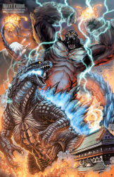 Rule 34 | aircraft, airplane, ape, atami castle, atomic breath, battle, blood, castle, city, crossover, destruction, dinosaur, electricity, energy, epic, explosion, fighter jet, fire, fusion, giant, giant monster, gills, glowing, glowing gills, glowing mouth, glowing spikes, glowing veins, godzilla, godzilla (2014), godzilla (series), godzilla vs. kong, gorilla, highres, jet, kaijuu, king kong, king kong (series), king kong vs. godzilla, kong: skull island, kong (monsterverse), legendary pictures, matt frank, military, military vehicle, monster, monsterverse, mount fuji, mountain, muscular, muscular male, neon trim, pagoda, plasma, real world location, scar, scar on chest, smoke, spikes, toho, veins
