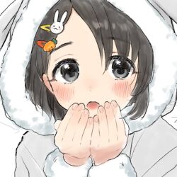 Rule 34 | 1girl, black eyes, black hair, blush, carrot hair ornament, close-up, commentary request, food-themed hair ornament, fur-trimmed hood, fur trim, hair ornament, hairclip, highres, hood, hood up, idolmaster, idolmaster cinderella girls, looking at viewer, nanagaedemo, open mouth, own hands together, rabbit hair ornament, sasaki chie, short hair, simple background, sketch, solo, warming hands, white background, winter clothes