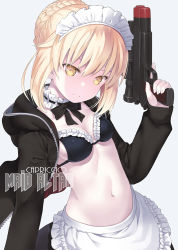 Rule 34 | 1girl, apron, artoria pendragon (all), artoria pendragon (alter swimsuit rider) (second ascension) (fate), artoria pendragon (fate), bikini, bikini top only, black bikini, black bow, black bowtie, black jacket, black ribbon, blonde hair, bow, bowtie, braid, breasts, capriccio, commentary request, cowboy shot, detached collar, english text, fate/grand order, fate (series), french braid, grey background, gun, handgun, head tilt, holding, holding gun, holding weapon, jacket, looking at viewer, maid, maid bikini, maid headdress, navel, open clothes, open jacket, pistol, ribbon, saber alter, short hair, simple background, small breasts, solo, stomach, swimsuit, text focus, unconventional maid, upper body, waist apron, weapon, yellow eyes