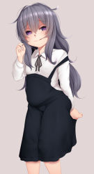 Rule 34 | 1girl, @ @, bad id, bad pixiv id, beige background, black dress, blush, collared shirt, crazy eyes, dress, grey hair, hair between eyes, hair in own mouth, highres, long hair, looking at viewer, mojo, ne an ito, neck ribbon, original, pinafore dress, purple eyes, ribbon, shirt, simple background, sleeveless dress, smile, solo, white shirt