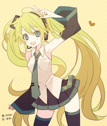 Rule 34 | 1girl, ahoge, arm up, artist name, detached sleeves, green eyes, green hair, hatsune miku, headset, long hair, matching hair/eyes, necktie, open mouth, skirt, solo, striped, striped background, thighhighs, twintails, very long hair, vocaloid, yoshiki