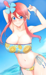 Rule 34 | 1girl, arm behind head, armpits, arms up, bandeau, bare shoulders, bikini, blue bikini, blue eyes, blue sky, blush, bracelet, breasts, cleavage, cloud, collarbone, commentary request, cowboy shot, creatures (company), day, dutch angle, floral print, game freak, groin, gym leader, hair between eyes, hair ornament, highres, jewelry, large breasts, looking at viewer, midriff, navel, nintendo, ocean, one side up, pokemon, pokemon bw, red hair, shu-ten, side-tie bikini bottom, sidelocks, skindentation, sky, skyla (pokemon), smile, solo, standing, strapless, strapless bikini, sunflower print, sweat, swimsuit, tube top