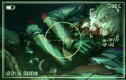 Rule 34 | 1boy, black coat, black gloves, blonde hair, blood, blood on face, clenched teeth, coat, collared shirt, e.g.o (project moon), gloves, guro, heartbeat, heterochromia, highres, intestines, limbus company, long sleeves, male focus, necktie, on floor, project moon, recording, red eyes, red necktie, sharp teeth, shiqicheng, shirt, sinclair (project moon), solo, teeth, white shirt, yellow eyes