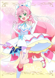 1girl ascot bare_shoulders boots bow commentary_request cure_prism dress earrings elbow_gloves gloves green_eyes hair_bow highres hirogaru_sky!_precure jewelry long_hair looking_at_viewer magical_girl official_style open_mouth parody pink_hair precure smile solo standing standing_on_one_leg style_parody tiler_(tiler00) very_long_hair white_dress white_gloves