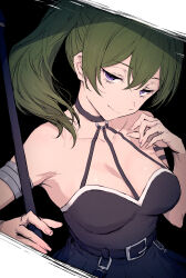 Rule 34 | 1girl, armlet, bare shoulders, black dress, breasts, closed mouth, collarbone, commentary, dark background, double-parted bangs, dress, green hair, hair between eyes, half-closed eyes, halterneck, haoni, highres, holding, holding polearm, holding weapon, large breasts, looking at viewer, polearm, purple eyes, side ponytail, simple background, smile, solo, sousou no frieren, ubel (sousou no frieren), upper body, weapon