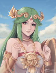 Rule 34 | 1girl, ancient greek clothes, armlet, artist name, bare shoulders, bracer, breasts, chiton, circlet, cloud, cm lynarc, collarbone, commentary, day, dress, english commentary, gold headband, green eyes, green hair, hair ornament, happy, headband, highres, jewelry, kid icarus, kid icarus uprising, laurel crown, lips, long hair, looking at viewer, medium breasts, neck ring, necklace, nintendo, palutena, parted bangs, parted lips, shield, signature, sky, smile, solo, strapless, strapless dress, teeth, upper body, very long hair, white dress