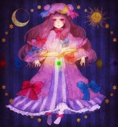 Rule 34 | 1girl, bad id, bad pixiv id, blush, book, crescent, crescent moon, dress, female focus, glowing, hat, long hair, moon, open mouth, patchouli knowledge, purple eyes, purple hair, solo, star (symbol), sun, touhou, yujup